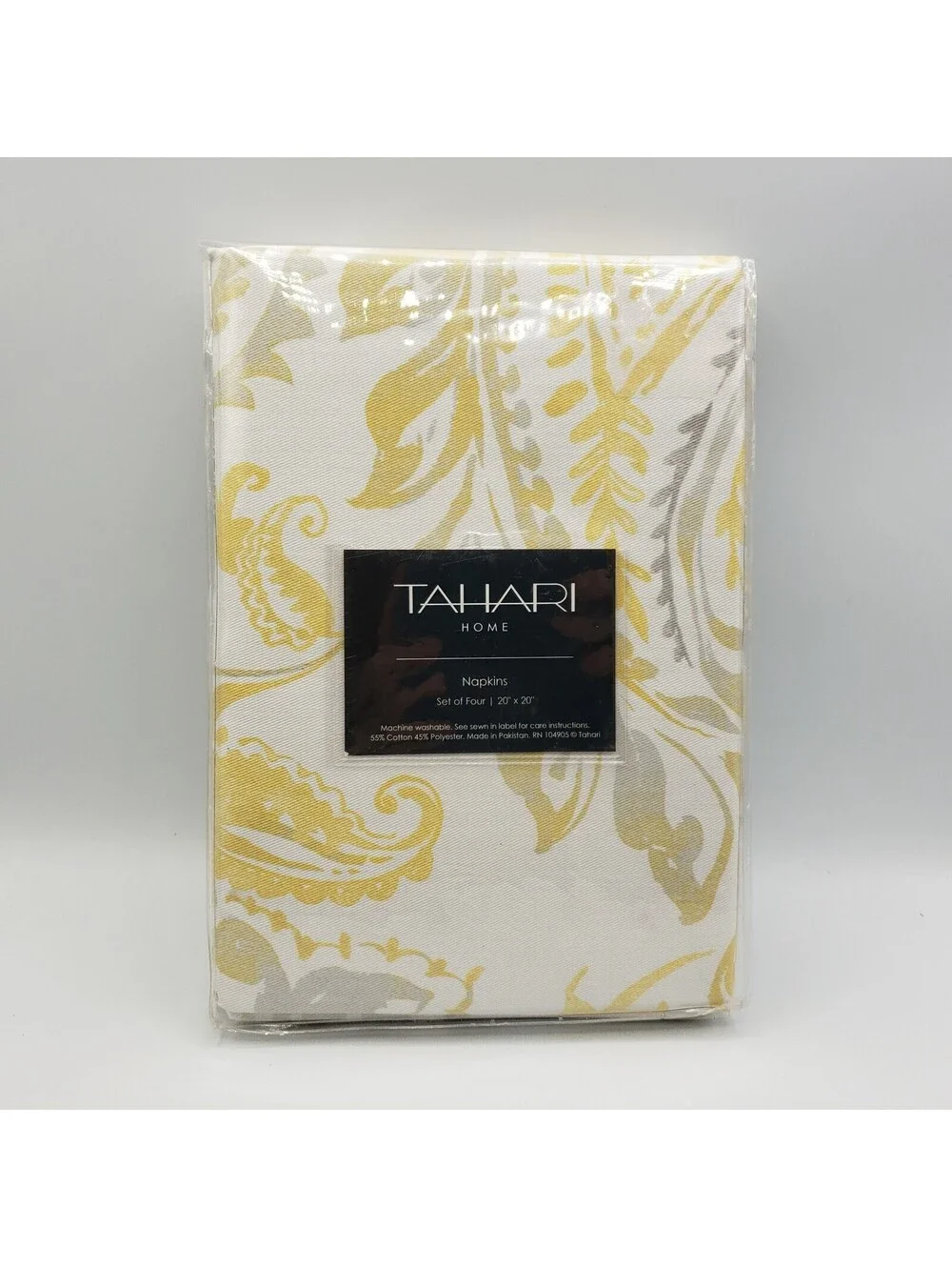 Tahari Home Dinner Napkins Set of 4 NIP Light Yellow and Gray on Cream 20x20